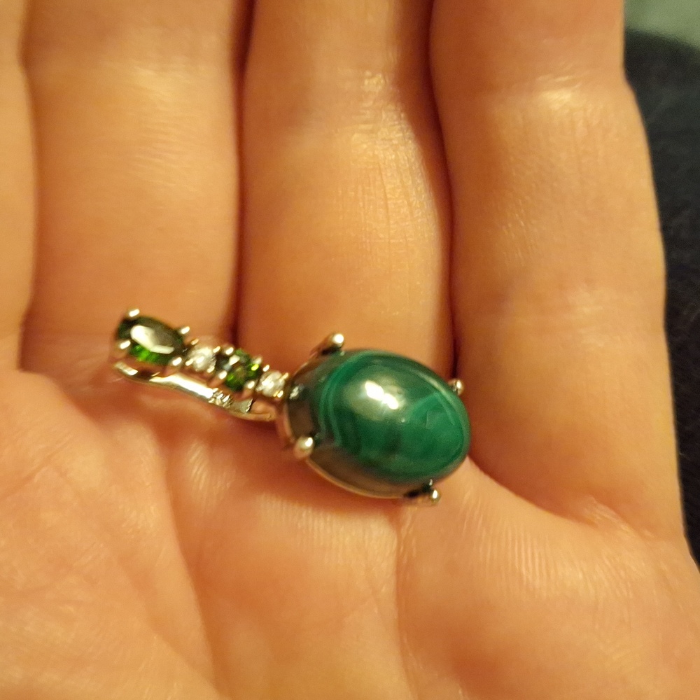 Genuine Malachite, Chrome Diopside, White Sapphire and Sterling Silver Earrings - Picture 4 of 4